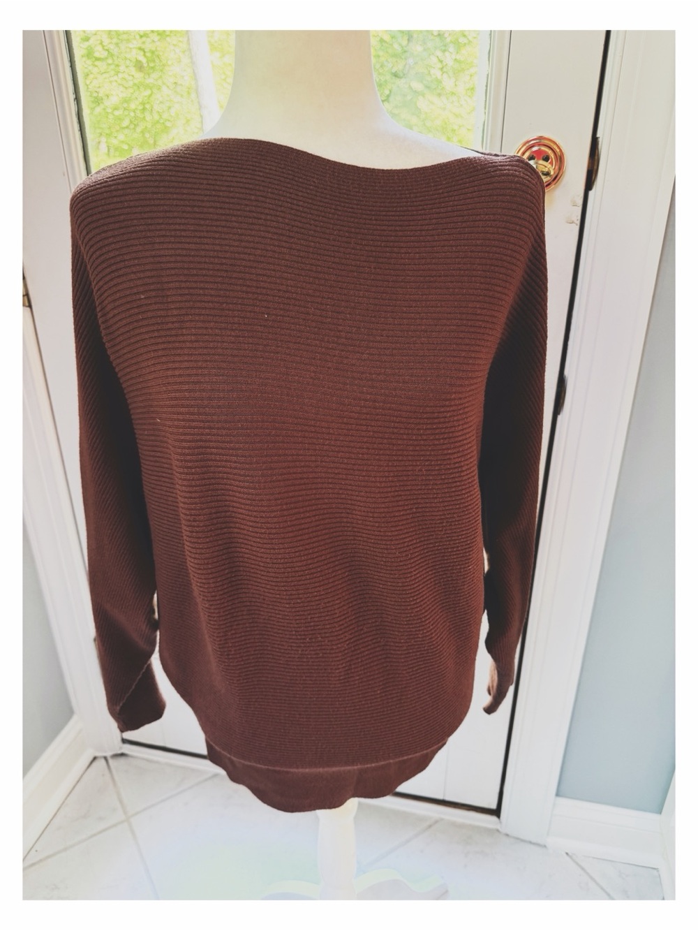 Chocolate Brown Ribbed Boatneck Dolman Sleeve Sweater